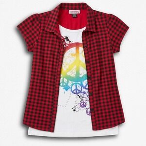 LA Kitty Girls XL Red Plaid Peace‎ Sign Graphic Layered Top Y2K 100% Cotton